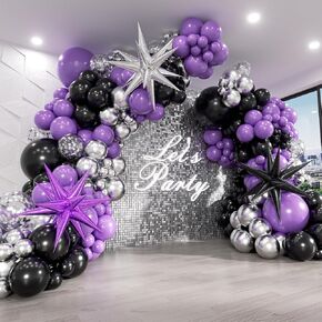 125pcs Purple and Black Balloon Arch Kit with Purple Black Metallic Silver Confetti Foil Balloons for Halloween Graduation Birthday Party Decorations