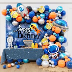 DIY Space Astronaut Balloon Garland Arch Kit 148pcs for Outspace Baby Shower Two the Moon Birthday Planet Rocket Party Decoration (Blue Orange Silver 01)