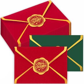 50Pcs Christmas Card Envelopes Bulk Mini Red Green Greeting Card Holders with Gold Foil Border Invitation Sleeves for Xmas Mailing Sending Cards, 2.8 x 3.9 Inch