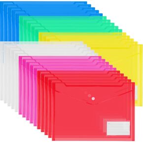 MOUYAT 36 Pack Plastic Envelopes with Snap Closure, A4 Clear File Folders, Transparent Document Folders for Office Work, Business Trips, 6 Assorted Colors
