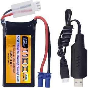 7.4V 2S 1100mAh EC2 Plug Lipo Battery with USB Charging Cable Suitable for UTB18 Four-Wheel Drive Off-Road High-Performance Climbing Vehicle RC Vehicle