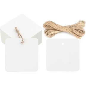 100 Pcs Square Gift Tags with String,Blank White Paper Tags with Jute Strings for Wedding Favor,Christmas