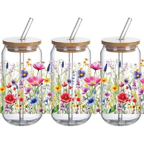 Wildflowers UV DTF Glass Cup Wrap Transfer - Sublimation Design Floral UVDTF, Flower Decal Waterproof Decal for 16oz Glass Cups, Ceramic Mug DIY Crafts - 3PCS