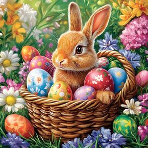 RICUVED Rabbit Diamond Painting Kits for Adults, Easter 5D Diamond Painting Egg Diamond Art Kits for Beginner, Full Round Drill Flowers Diamond Art Paint Gem Art Crafts Kits for Home Decor 12x12inch