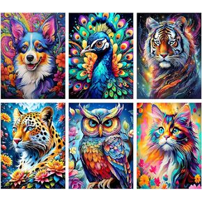 Benjenes 6 Pack Animal Diamond Art Kits for Adults Diamond Art for Adults and Beginner Full Drill Painting Cat Dog Tiger Owl DIY Full Drill Paint with Diamond Gem Art Home Wall Decor 12 x 16 Inch