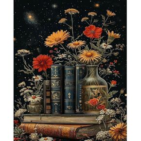 Clendo Books and Flower Diamond Painting for Adults Beginner, Dark Diamond Art Kits for Adults, DIY Full Drill Gem Art and Craft Kit for Home Wall Decor 12 X 16inch