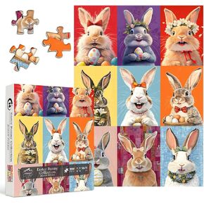 Bunny Puzzles for Adults 1000 Pieces, PICKFORU Vintage Easter Jigsaw Puzzles 1000 Pieces Flower Rabbit，Colorful Easter Eggs Puzzles for Adults