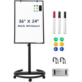 TSJ OFFICE Mobile Whiteboard Standing - 36 X 24 Inches Magnetic White Board Easel, Height Adjustable Dry Erase Rolling White Board on Wheels with Flip Chart Hooks, White
