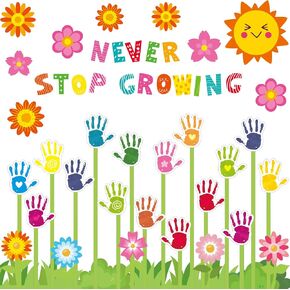 61 Pcs Spring Classroom Bulletin Board Decorations Never Stop Growing Bulletin Board Spring Theme Handprint Flowers Bulletin Board for Teacher School Home Kindergarten Supplies