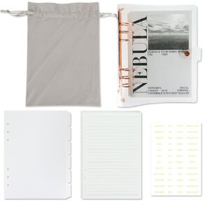 A5 6-Ring PVC Binder Cover, Transparent PVC A5 Planner Binder Notebook Cover with Insert 90 Sheets Paper and Dividers Stickers Set (Rose Gold, A5)
