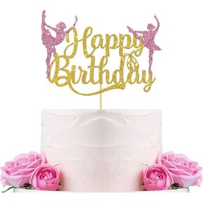 WeBenison Glitter Ballet Happy Birthday Cake Topper, Ballerina Girl Dancing Cake Supplies, Ballerina Girl's Birthday Party Decorations Ballet Dancer Cake Topper Gold & Pink