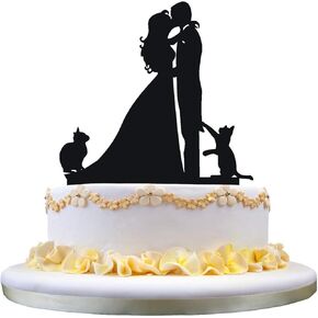 Wedding Cake Toppers Cats Black Acrylic Cake Topper of Engagement and Wedding with Bride and Groom