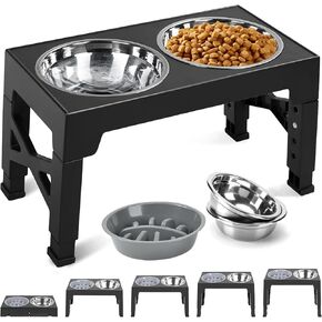 Raised Dog Bowl with Stand 5 Height Adjustable, 2-in-1 Elevated Dog Bowls with Slow Feeder Bowl and 2X Stainless Steel Dog Food Bowl, Dog Feeding Station for Small Medium Large Dogs