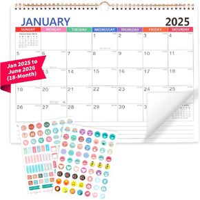 Wall Calendar 2025-2026 January 2025 to June 2026-18 Months Calendar 14.7 x 11.5 In, Thick Paper, Ruled Blocks, Holidays, Notes, Julian Dates, with Creative sticker, Gift for Christmas New Year