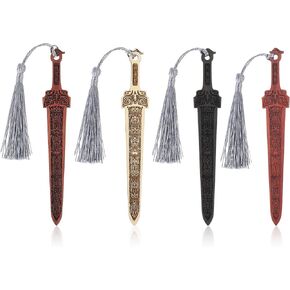 4Pcs Vintage Style Wood Book Mark with Tassels Sword Shaped Wooden Bookmarks Handmade Reading Page Markers Creative Pendant Bookmark for Men Women Teachers Office School Home Library Bookstore Lovers