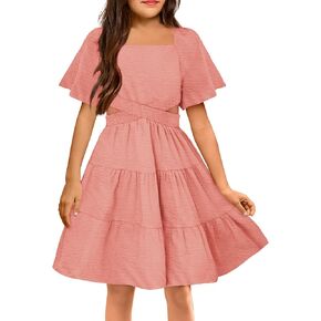 Arshiner Girls Dresses Square Neck Cut Out Shirred Party Cute Tween Dress