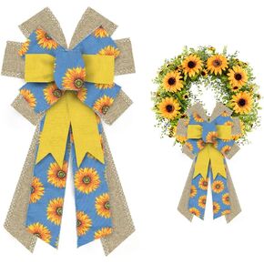 Large Summer Flowers Bows for Wreath, Happy Birthday Wreath Bows Yellow Blue Burlap Bows Daisy Tree Topper Bows Holiday Craft Farmhouse Bows for Front Door Birthday Wedding Decorations