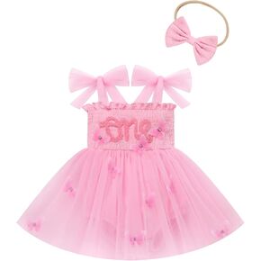 FYMNSI Baby 1st Birthday Girl Outfit Cotton ONE Printed Sleeveless Tutu Jumpsuit Romper Dress Headband 2pcs Summer Clothes