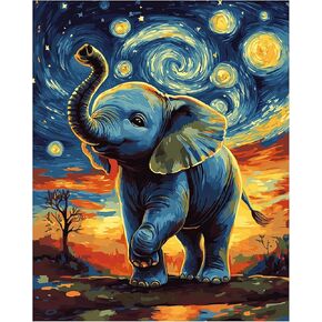 Zouwit Elephant Paint بأرقام للبالغين على قماش ، Flatry Night Please Elephant on Flower Meadow Landscape ، الدهانات لديكور الجدار المنزلي ، طلاء هدية طلاء حيوان للمبتدئين (16 × 20 بوصة) in Kuwait