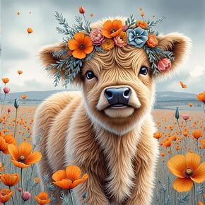 MBNTJHT Cute Cow Paint by Numbers Kit for Adults Beginners,DIY Highland Cow and Flowers Oil Paint by Number Kits on Canvas,Unframed Easy Animal Painting by Number Kits for Holiday Gifts 16X16 Inch.