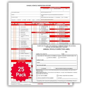 5 Pack Buck 3-Ply Carbonless Annual Vehicle Inspection Report Forms with Red Aluminum FMCSA Adhesive Labels with Punch Boxes, FMCSA & DOT Compliant, Shrinkwrapped Bundle, 8.5" x 11.8" - Made in USA