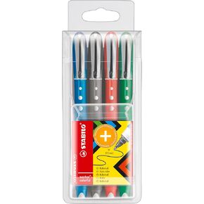 STABILO Rollerball worker+ colorful - Pack of 4 - Green, Red, Blue, Black, 0.5 mm Medium Tip, Non-Slip Grip, Smooth Writing, Consistent Ink Flow
