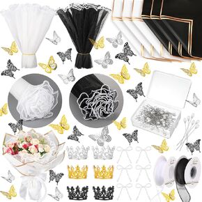 Qilery 243 Pcs Flower Bouquet Wrapping Paper Waterproof Floral Wrapping Paper Florist Supplies with Butterfly Decoration Crowns Ribbons Bouquet Pin Glue for DIY Craft (Black, White,Modern Style)