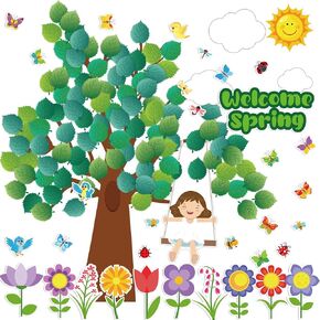 128 Pcs Classroom Tree Bulletin Board Set Spring Bulletin Board Decorations Woodland Whimsy Seasonal Trees for Bulletin Board Welcome Spring Cutout for Chalkboard Wall Decor