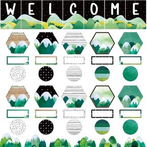 67 Pcs Scandi Mountains Welcome Bulletin Board Set Moving Mountains Classroom Decor with Banner Cutouts, Flat Name Plates, Welcome Back to School Bulletin Board Border for Classroom Decoration