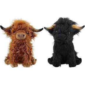 Scottish Highland Cow Plush Toys 11.8inch Soft and Cuddly Plush Stuffed Animals Suitable for Farm Home Decor,Gift for Kids Friends (Black & Brown)