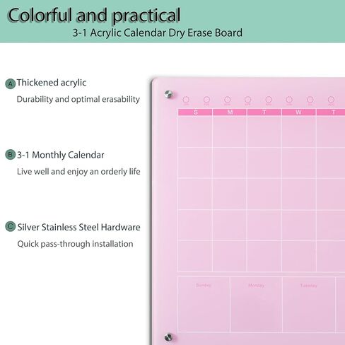 Large Acrylic Calendar for Wall,24"X16",Acrylic Dry Erase Calendar for Wall,Pink Dry Erase Board for Home/Office in Kuwait