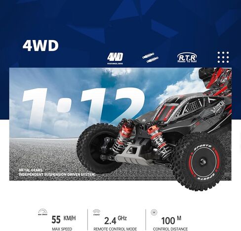 GOOLRC WLTOYS 124010 RC CARS للبالغين ، 1:12 مقياس التحكم عن بُعد ، سيارة 45 كيلومترًا/ساعة ، سيارة سباق RC عالية السرعة ، 2.4 جيجا هرتز جميع التضاريس على الطريق RC TRUCKS FURCKS للأطفال مع بطاريتين (برتقالي) in Kuwait