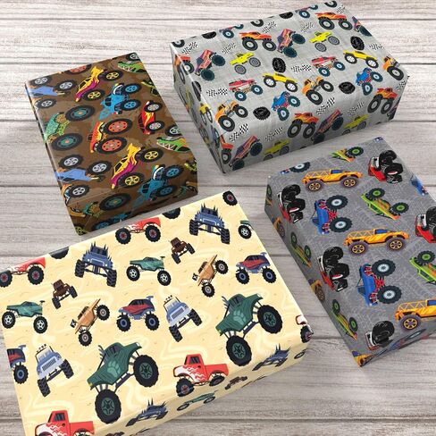 Cuitpan Red Monster Truck Christmas Wrapping Paper - Xmas Gift Wrap with Holiday Trees, Snowmen & Gingerbread Men Design - Ideal for Kids & Adults Gift Wrapping - 40×28 Inches, 4 Folded Sheets in Kuwait