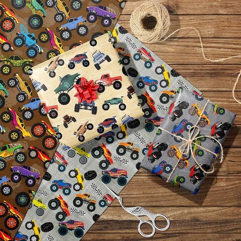 Cuitpan Red Monster Truck Christmas Wrapping Paper - Xmas Gift Wrap with Holiday Trees, Snowmen & Gingerbread Men Design - Ideal for Kids & Adults Gift Wrapping - 40×28 Inches, 4 Folded Sheets in Kuwait
