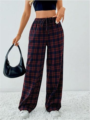 SOLY HUX Women's Casual Plaid Baggy Pants High Waisted Y2k Pants Drawstring Sweatpants Streetwear in Saudi Arabia