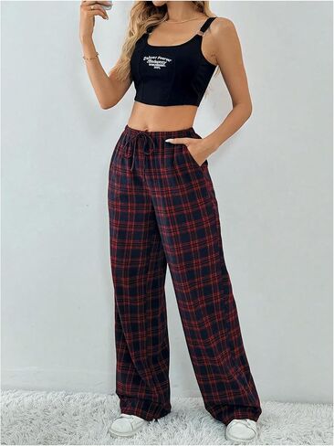 SOLY HUX Women's Casual Plaid Baggy Pants High Waisted Y2k Pants Drawstring Sweatpants Streetwear in Saudi Arabia