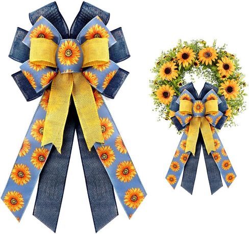 Large Summer Flowers Bows for Wreath, Happy Birthday Wreath Bows Yellow Blue Burlap Bows Daisy Tree Topper Bows Holiday Craft Farmhouse Bows for Front Door Birthday Wedding Decorations in Saudi Arabia