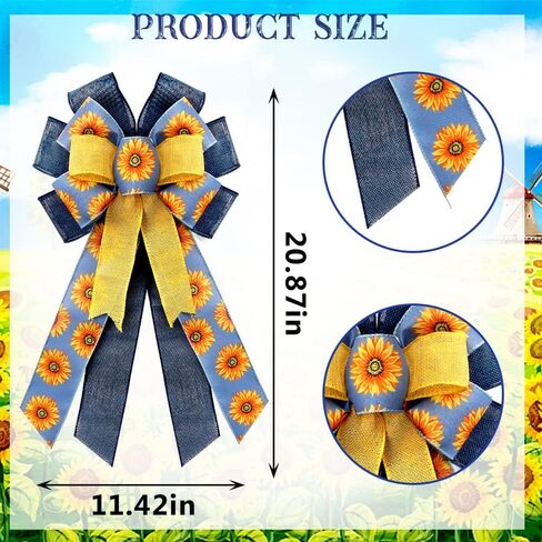 Large Summer Flowers Bows for Wreath, Happy Birthday Wreath Bows Yellow Blue Burlap Bows Daisy Tree Topper Bows Holiday Craft Farmhouse Bows for Front Door Birthday Wedding Decorations in Saudi Arabia