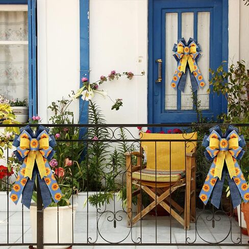 Large Summer Flowers Bows for Wreath, Happy Birthday Wreath Bows Yellow Blue Burlap Bows Daisy Tree Topper Bows Holiday Craft Farmhouse Bows for Front Door Birthday Wedding Decorations in Saudi Arabia