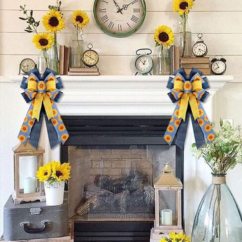 Large Summer Flowers Bows for Wreath, Happy Birthday Wreath Bows Yellow Blue Burlap Bows Daisy Tree Topper Bows Holiday Craft Farmhouse Bows for Front Door Birthday Wedding Decorations in Saudi Arabia
