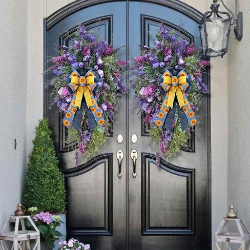 Large Summer Flowers Bows for Wreath, Happy Birthday Wreath Bows Yellow Blue Burlap Bows Daisy Tree Topper Bows Holiday Craft Farmhouse Bows for Front Door Birthday Wedding Decorations in Saudi Arabia