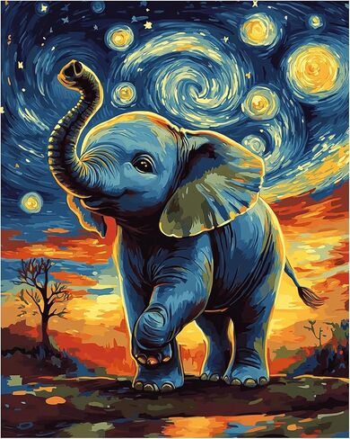 Zouwit Elephant Paint بأرقام للبالغين على قماش ، Flatry Night Please Elephant on Flower Meadow Landscape ، الدهانات لديكور الجدار المنزلي ، طلاء هدية طلاء حيوان للمبتدئين (16 × 20 بوصة) in Kuwait