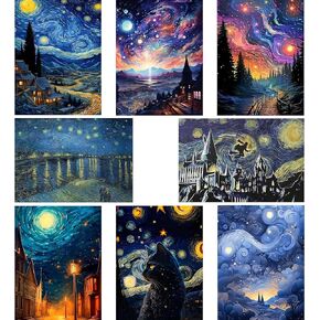 Cteounpt Van Gogh 5D Diamond Dots Paint by Color Number Art Kits للبالغين ، اللوحات الشهيرة Night Starry Night للمبتدئين ، ديكور الجدار المنزلي والمكتب (8pcs ، 12 * 16in)