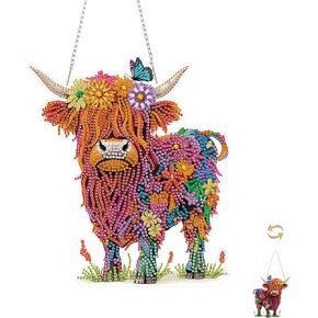 Eiflow DIY Hanging Diamond Art Kit Highland Cattle, Acrylic Diamonds Painting Cow Pendant Board Kit Animal, 5D Gem Art Ornament Kit for Adults, Double Sided