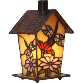 Bieye L10938 Spooky Graveyard Tiffany Style Stained Glass Birdhouse Table Lamp for Halloween Decor (21-inch High, Bat Nest)