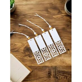 ４pc Set Wooden Bookmarks Features Laser-Cut Pattern with DIY Sticker Faith Over Fear,Designed with White and Gold Wooden Beads Tassels Book Lover's Gifts
