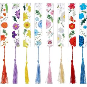 8Pcs Flower Acrylic Bookmarks Transparent Floral Bookmarks for Women Cute Floral Bookmarks with Colorful Tassels for Book Lovers Girls Women Reading Gifts