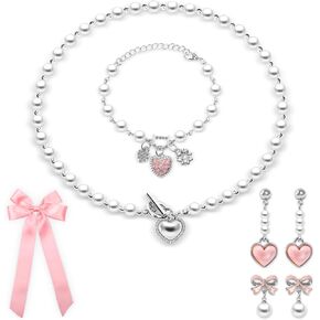 Bow Coquette Jewelry Set 6PCS, Gold Bow Necklace, Pearl Bow Earrings, Pink & White Bows for Hair for Women Coquette Accessories Trendy Gifts Coquette Stuff, Valentines Gift in Saudi Arabia