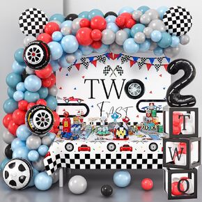 134 Two Fast Birthday Decorations Race Car Party Supplies for 2 Year Old Boy Racing Balloon Garland Arch Kit Backdrop Tablecloth Box Crown Wheel Checkered Balloon 2nd Two Fast Birthday Decor