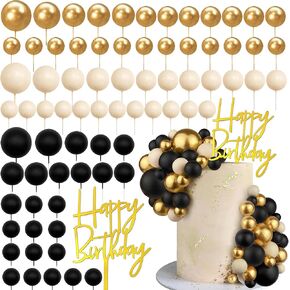 75 PCS Black and Gold Cake Decorations Balls Cake Topper Happy Birthday Cake Insert Pick for DIY Cake Decoration Baby Shower Wedding Birthday Party (Black and Gold)